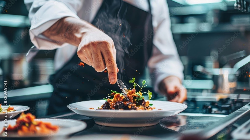 Chef in a restaurant kitchen preparing a gourmet healthy dish, with emphasis on quality ingredients and artistic presentation Chef in a restaurant kitchen preparing a gourmet healthy dish, with emphasis on quality ingredients and artistic presentation