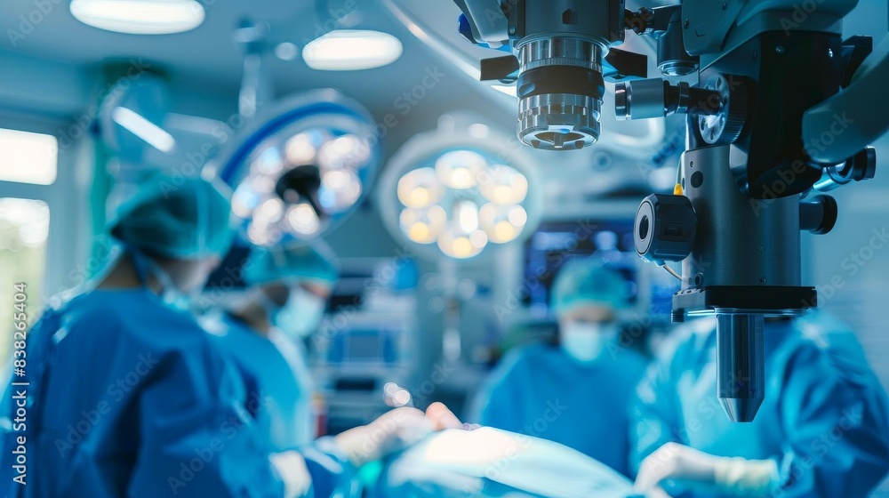 Closeup of a robotic surgical system being used in a modern operating room, with surgeons in the background Closeup of a robotic surgical system being used in a modern operating room, with surgeons in the background
