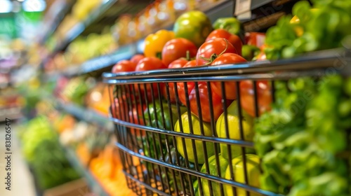 Closeup of a shopping cart in a supermarket  filled with organic produce and whole foods