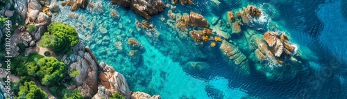 A breathtaking aerial view of a stunning rocky coastline with crystal clear turquoise waters   photo