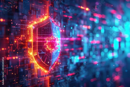 Dramatic depiction of a cybersecurity shield absorbing and neutralizing a virus attack, illustrated with vibrant, neon colors