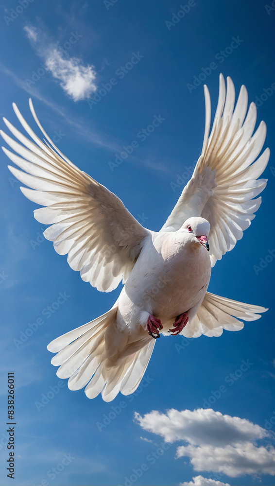 White dove in flight against the blue sky. Symbol of peace, goodness and purity White dove in flight against the blue sky. Symbol of peace, goodness and purity