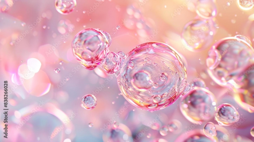 Abstract image of transparent pink bubbles floating in a colorful, blurry background, creating a dreamy and magical atmosphere. Abstract image of transparent pink bubbles floating in a colorful, blurry background, creating a dreamy and magical atmosphere.