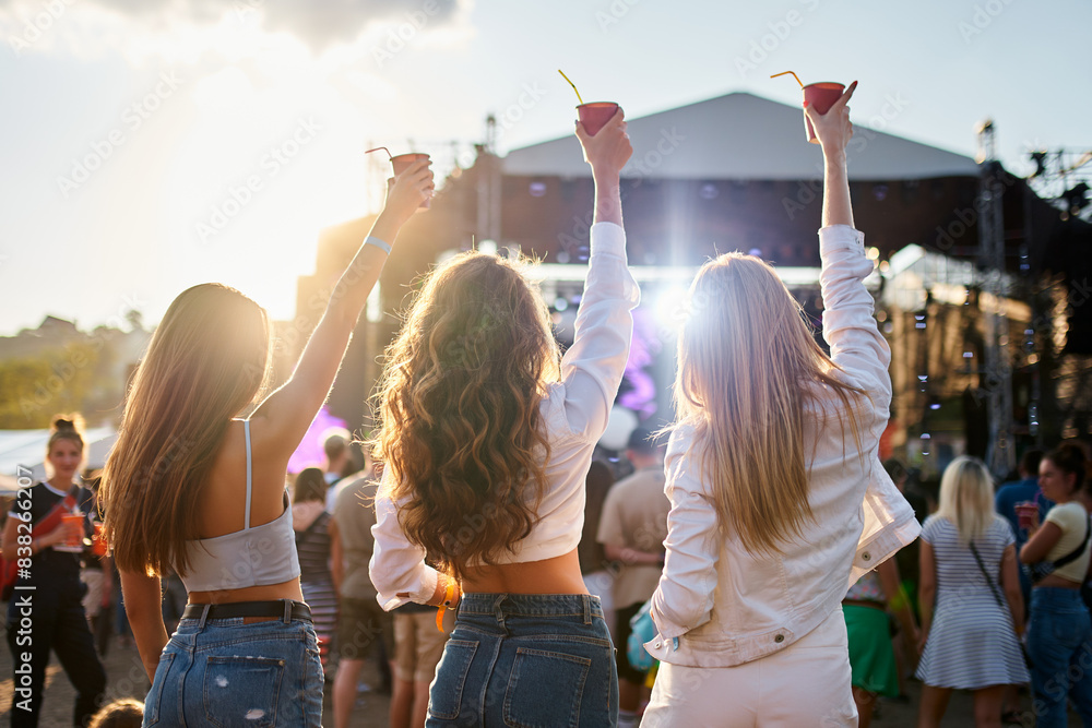 custom made wallpaper toronto digitalGroup of girls at a beach music festival, holding drinks up, enjoying the sunset. Party atmosphere with lively crowd, outdoor event. Female friends celebrate, dance near stage, summer vibes.