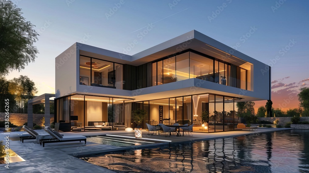luxurious modern villa illuminated at sunset with glowing interior and exterior 3d rendering luxurious modern villa illuminated at sunset with glowing interior and exterior 3d rendering