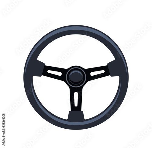 Vintage Style Car Steering Wheel Isolated On White Background. Cartoon Vector Black And Sleek Three-spoke Wheel