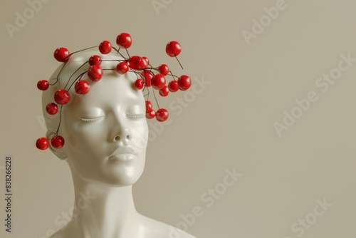 Mannequin head with red cherries on top, fashionable beauty display for artistic style and beauty trends © VICHIZH