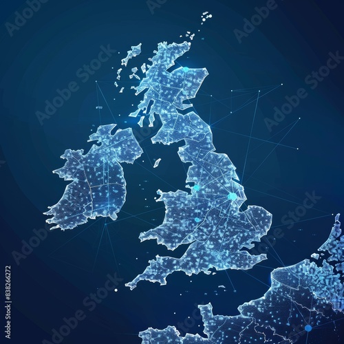 a polygon United Kingdom map with a peer to peer blockchain technology network on a futuristic hud background. A concept of a network, e-commerce, bitcoin trade and cryptocurrency blockchain business