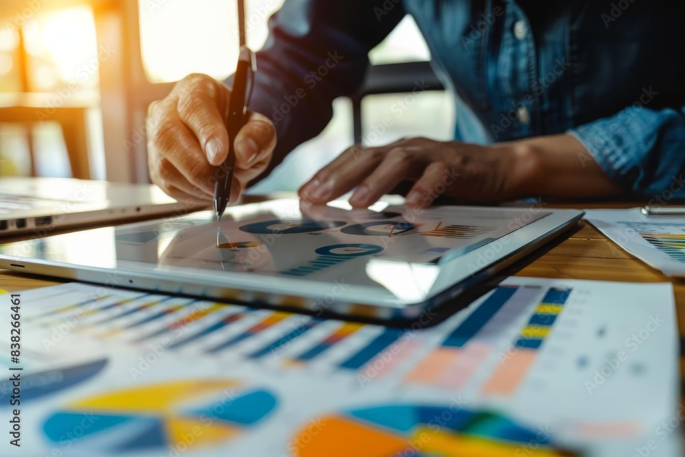 Marketing expert conducting a competitive analysis on a tablet, with digital marketing tools and apps open Marketing expert conducting a competitive analysis on a tablet, with digital marketing tools and apps open