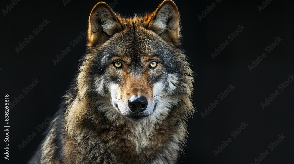 Fototapeta premium majestic adult wolf with piercing gaze isolated on black background animal portrait