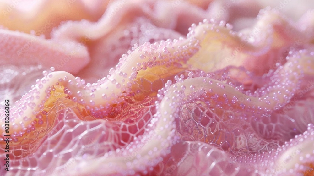 Close-up of delicate, textured pink fabric with intricate lace and bead details, creating a soft, flowing pattern in feminine tones. Close-up of delicate, textured pink fabric with intricate lace and bead details, creating a soft, flowing pattern in feminine tones.