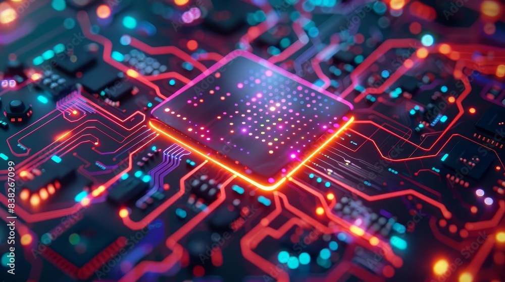 3D render of a colorful glowing computer chip on a circuit board background A digital technology concept with a close up view of a futuristic chip and integrated circuits in the st 3D render of a colorful glowing computer chip on a circuit board background A digital technology concept with a close up view of a futuristic chip and integrated circuits in the st