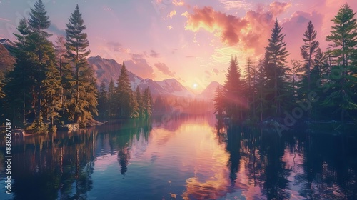 majestic colorful mountain lake surrounded by towering trees at sunset serene aerial fantasy landscape