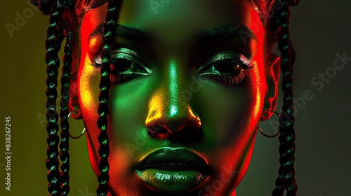 Close-up Portrait of a Woman with Braids and Neon Lights