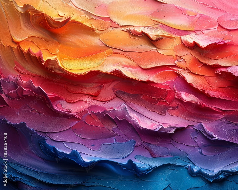 Vibrant abstract painting with rich, textured brushstrokes in sunset hues of red, orange, pink, and blue, creating a dynamic, colorful scene. Vibrant abstract painting with rich, textured brushstrokes in sunset hues of red, orange, pink, and blue, creating a dynamic, colorful scene.