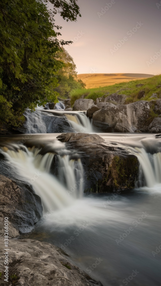 Obraz premium The picturesque view of the waterfall conveys all the beauty of nature. The water cascades down the rocky slopes.