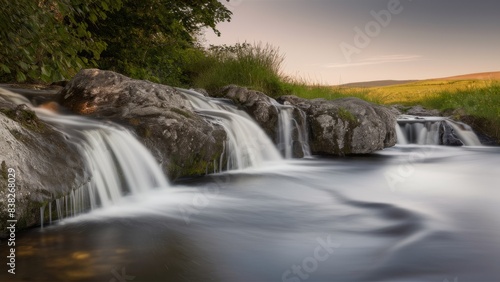 The picturesque view of the waterfall conveys all the beauty of nature. The water cascades down the rocky slopes.