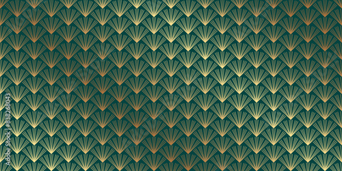 Modern geometric luxury green background with golden geometric mosaic in art deco style.