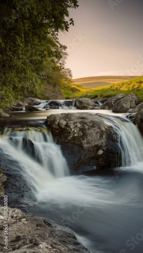 The picturesque view of the waterfall conveys all the beauty of nature. The water cascades down the rocky slopes.