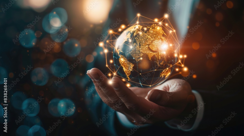 Fototapeta premium Global Supply Chain Network: Businessperson Holding Holographic Globe