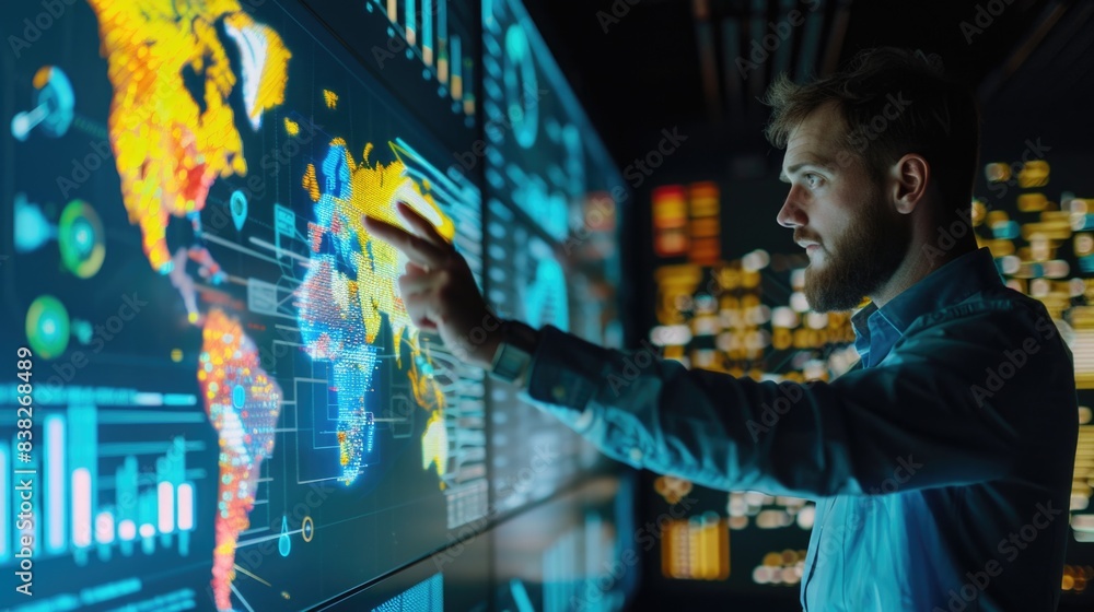 Analyzing Global Supply Chain Data: Business Analyst Identifying Trends on Interactive Touchscreen Analyzing Global Supply Chain Data: Business Analyst Identifying Trends on Interactive Touchscreen