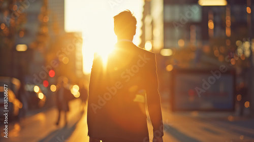 A person in a suit walking on a city street during sunset, with the sun casting a warm glow and creating a silhouette effect. The background features blurred buildings and other pedestrians.