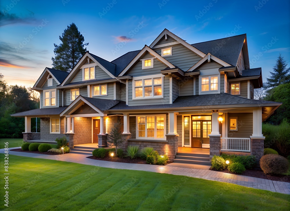 Elegant Craftsman Style House at Dusk with Illuminated Windows and Manicured Lawn Elegant Craftsman Style House at Dusk with Illuminated Windows and Manicured Lawn