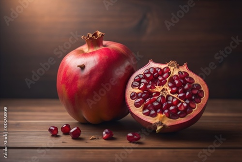 Ripe pomegranate fruit on a wooden background. Still life. ai generative