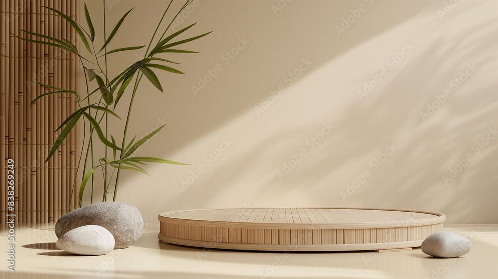 Minimalist Japanese-inspired interior with bamboo mat, stones, and bamboo plant. Sunlight casts soft shadows on the wall. Minimalist Japanese-inspired interior with bamboo mat, stones, and bamboo plant. Sunlight casts soft shadows on the wall.