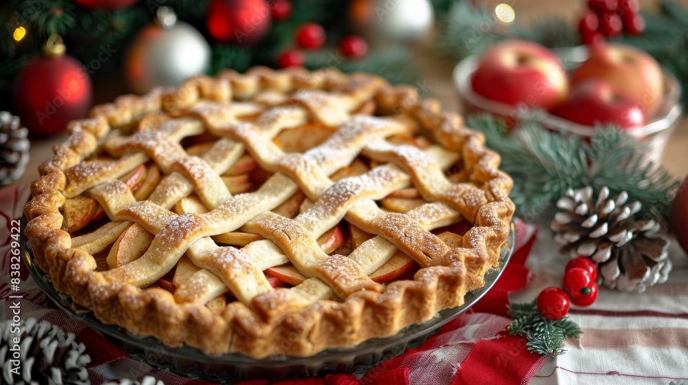 A delicious homemade apple pie on a festive tablecloth, perfect for the holiday season A delicious homemade apple pie on a festive tablecloth, perfect for the holiday season