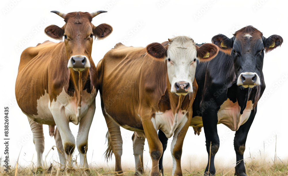 Three cows standing in a field, one is brown and white, one is brown and black Three cows standing in a field, one is brown and white, one is brown and black
