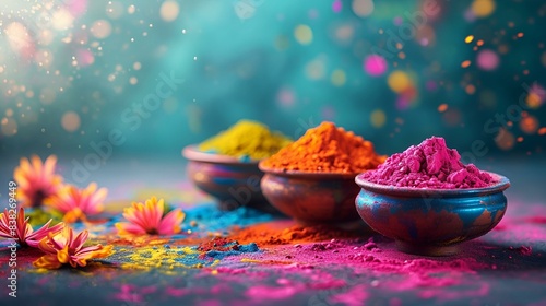 Colorful holi powder in bowls on dark background, photo
