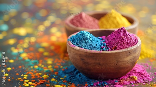 Colorful Holi powder in wooden bowls on a table