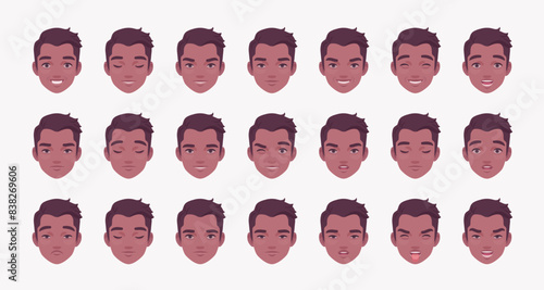Young dark skinned brunette man, handsome male emotion set, businessman appearance bundle portrait. Different face icons, positive, negative facial expression feature pic. Vector illustration circles