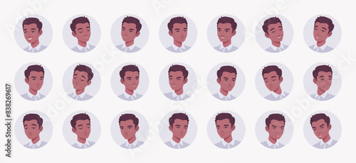 Young dark skinned brunette man, male avatar business portrait set, businessman bundle. Different feelings, emotions, face icons, player character mood pic circles, appearance. Vector illustration