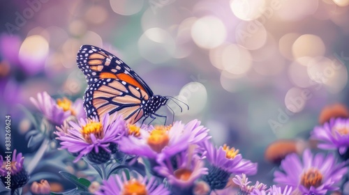 Monarch butterfly on purple aster flower in summer floral background AI generated photo