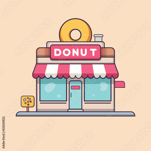 Doughnut shop bakery store logo cartoon flat vector illustration