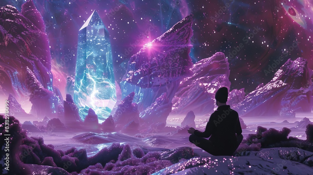 mystical meditation before a luminous crystal in a cosmic dreamscape 3d illustration mystical meditation before a luminous crystal in a cosmic dreamscape 3d illustration