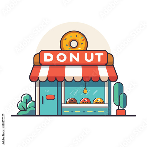 Doughnut shop bakery store logo cartoon flat vector illustration