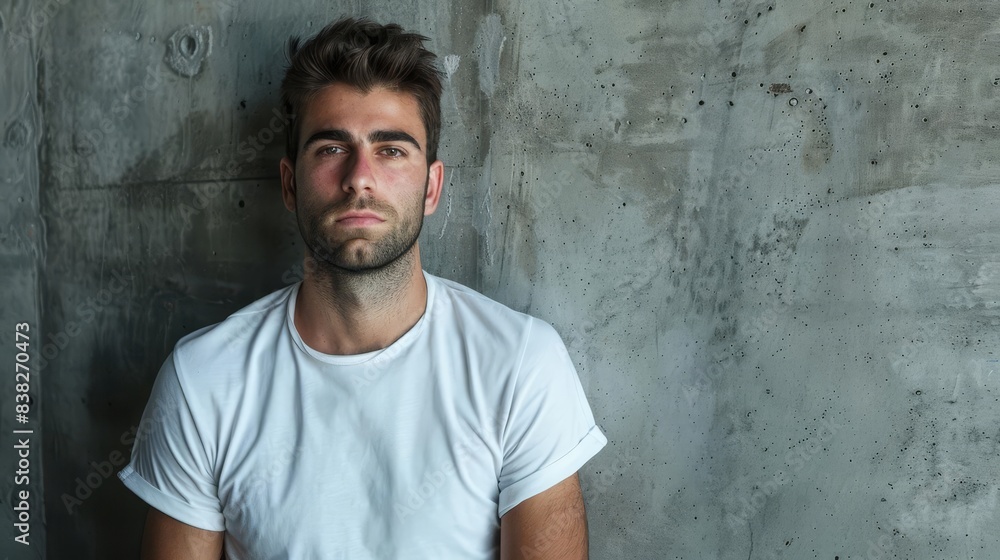 Fototapeta premium pensive man against concrete wall thoughtful young male with stubble wearing a white tshirt positioned in front of a textured industrial concrete background portrait photography