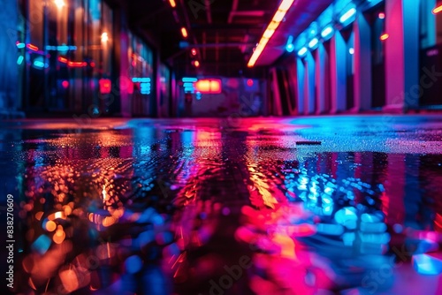 Light effect, blurred background. Wet asphalt, night view of the city, neon reflections on the concrete floor. Generative ai © FDStock
