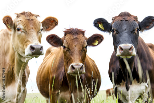 Three cows are standing in a field  with one cow looking at the camera