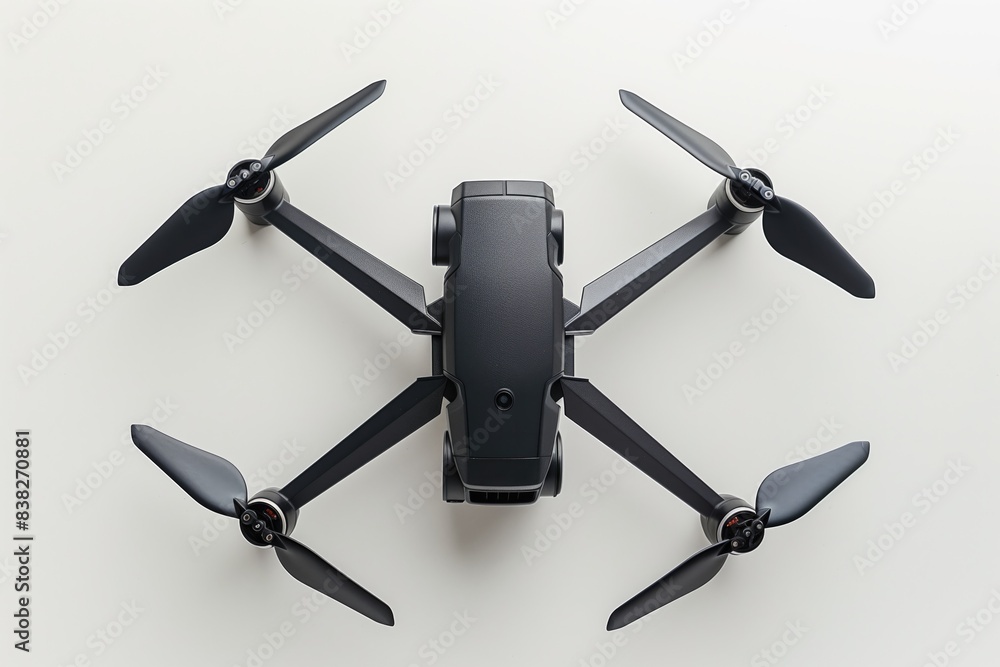 Top View of a Black Drone with Static Rotors on a White Background Top View of a Black Drone with Static Rotors on a White Background