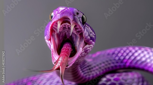 purple venomous snake with open mouth ready to strike isolated on gray