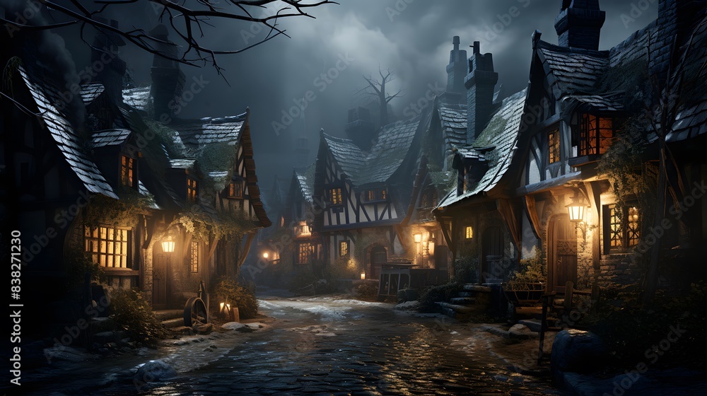Halloween night in the old village. Panoramic image.