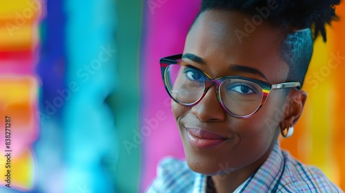 LGBTQ+ businessperson leading a meeting, confidently addressing the team, close up, leadership theme, vibrant, Multilayer, modern conference room backdrop