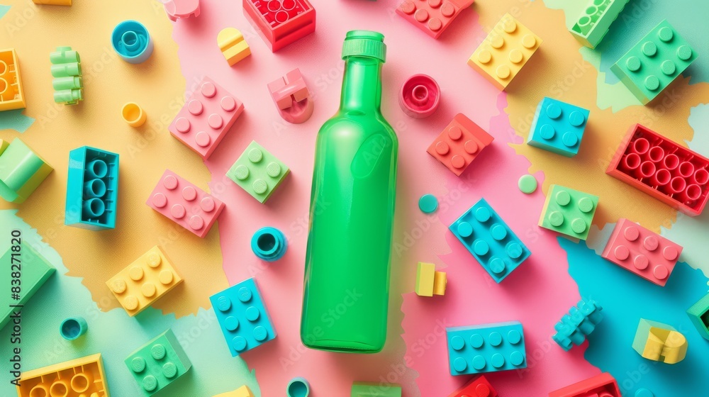 A creative still life featuring a green bottle surrounded by colorful bricks, set against a pastel background. The image celebrates playful creativity and vibrant colors. A creative still life featuring a green bottle surrounded by colorful bricks, set against a pastel background. The image celebrates playful creativity and vibrant colors.
