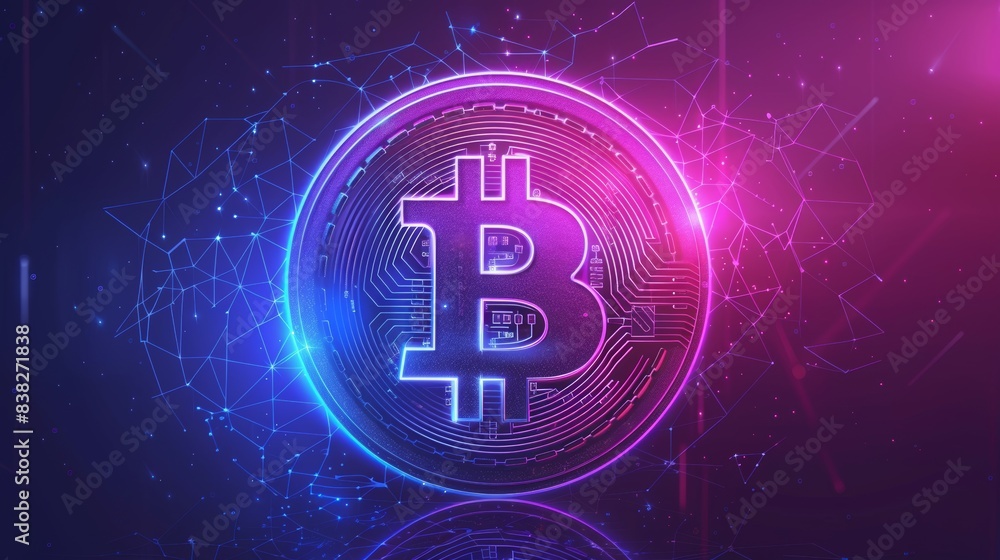 An illustration of bitcoin and blockchain banners. The concept of mining and trading bitcoin. Bitcoin reaches a new record high.