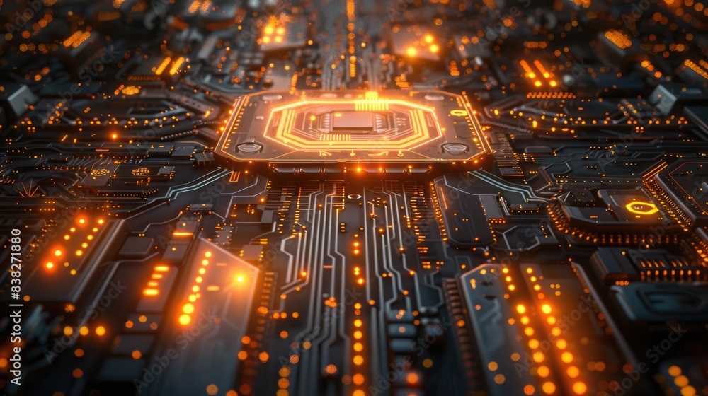 Obraz premium a modern, high-tech electrical circuit board, tileable pattern, intricate details, sleek and futuristic design, glowing elements, cinematic lighting