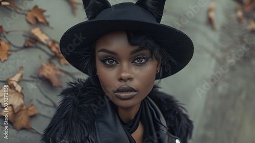 A model wearing a black hat with cat ears and a black jacket, looking directly at the camera © Roodic
